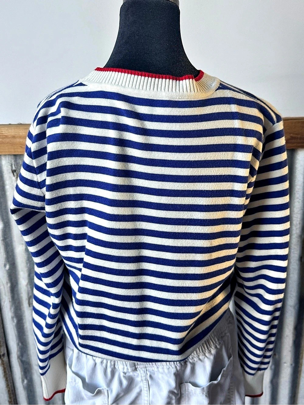 Cream Tweed Double Breasted Gold Button Blazer and Blue Striped Sweater - Picture 7 of 11